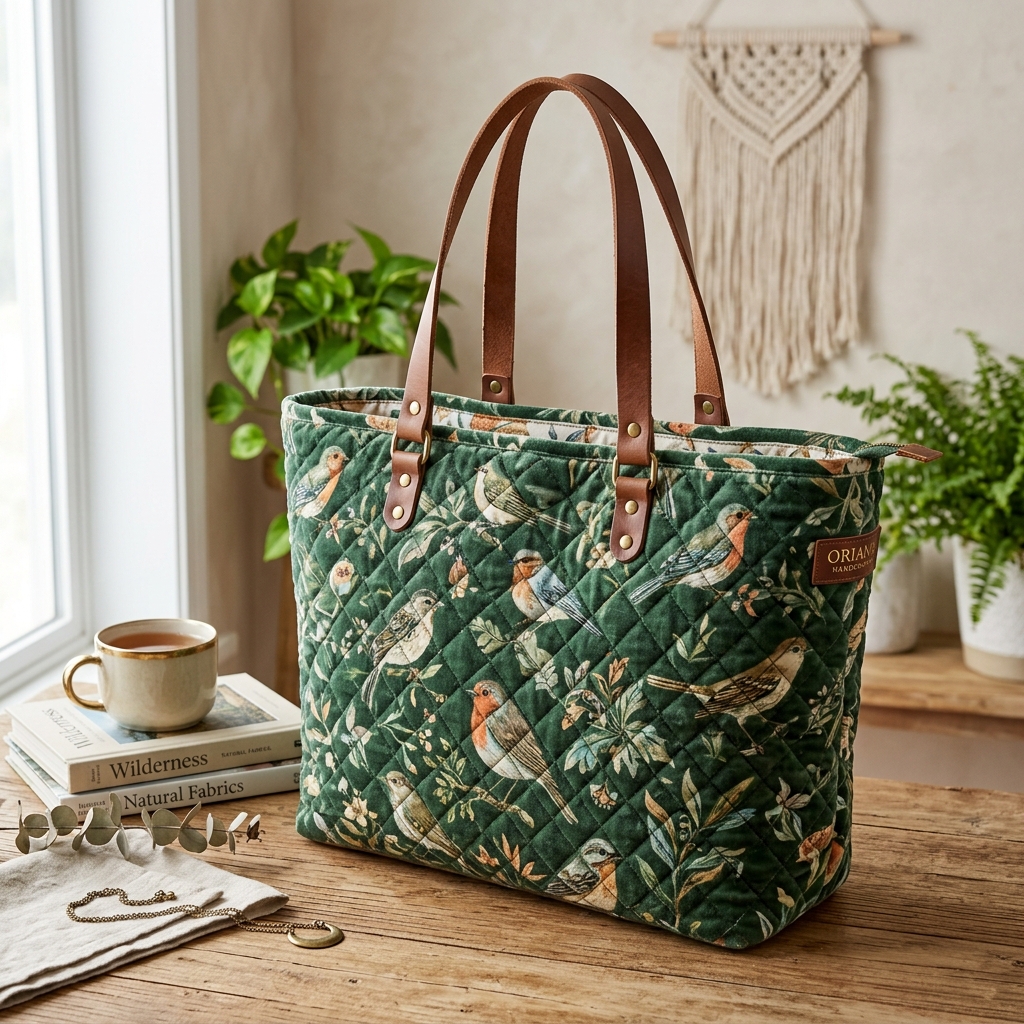 Green Bird Quilted Velvet Tote